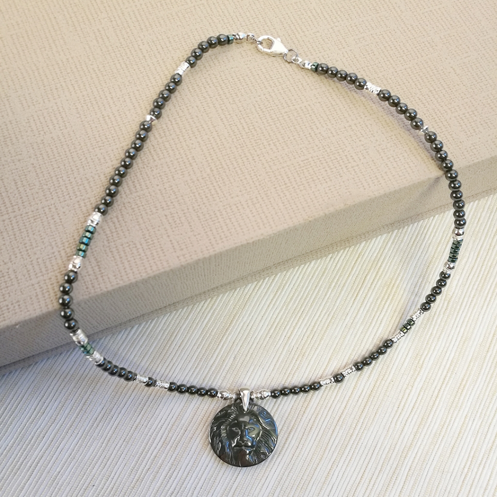 męski naszyjnik z hematytów i srebra
