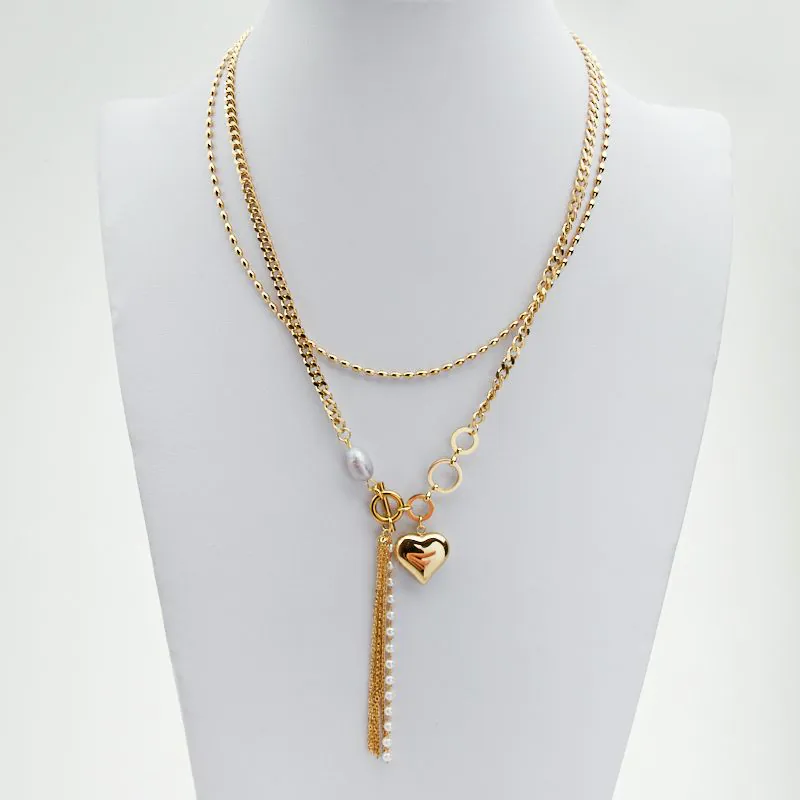 Łańcuszek ze stali chirurgicznej z serduszkiem i perłą w kolorze złotym 45 cm [ST9281B]